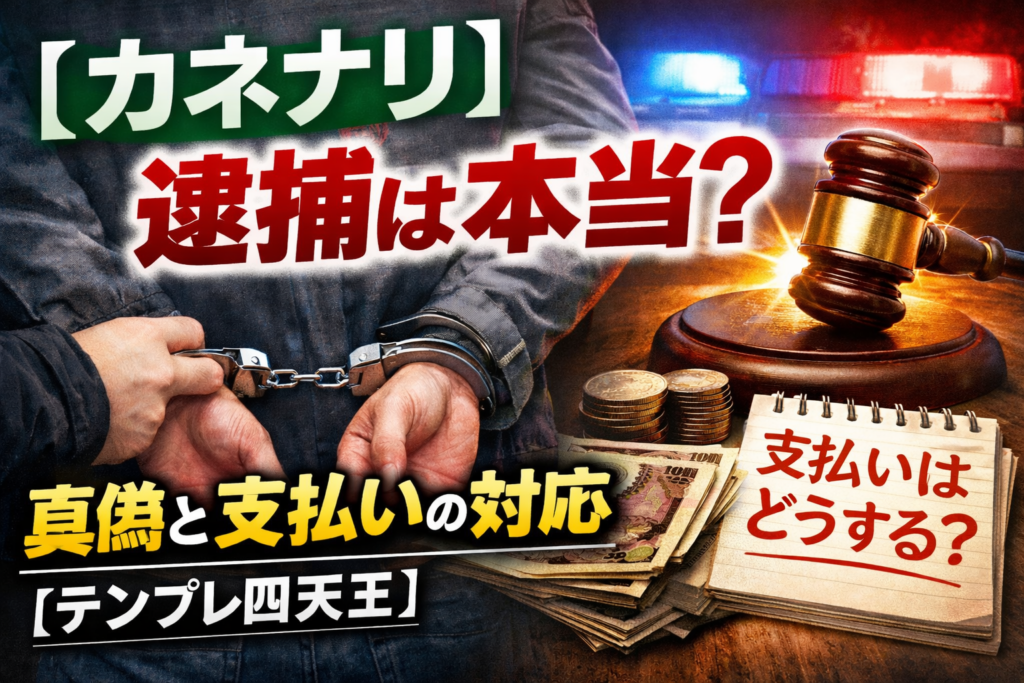カネナリが逮捕されたかどうかについて解説し支払いをどうしたらいいか困っている人に向けた記事のアイキャッチ画像