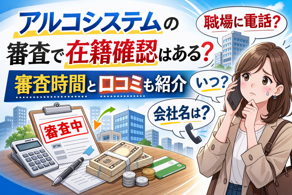アルコシステムでの審査や在籍確認について解説し、審査時間や口コミも紹介した記事のアイキャッチ画像