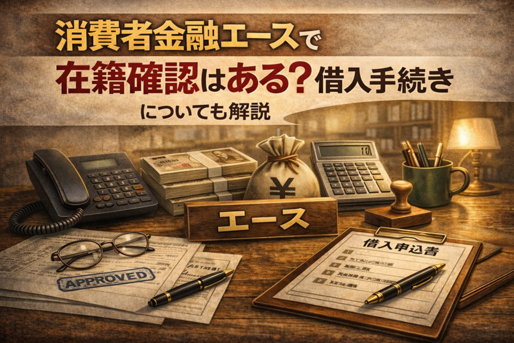 消費者金融エースで在籍確認はあるのかについて解説し、借入手続きに必要ものと申し込みする流れを紹介した記事のアイキャッチ画像