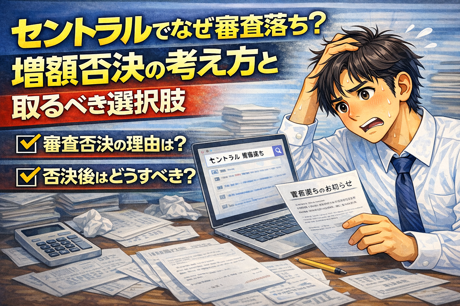 セントラルで審査落ちや増額日稀有された場合の考え方やとるべき選択肢について解説した記事のアイキャッチ画像