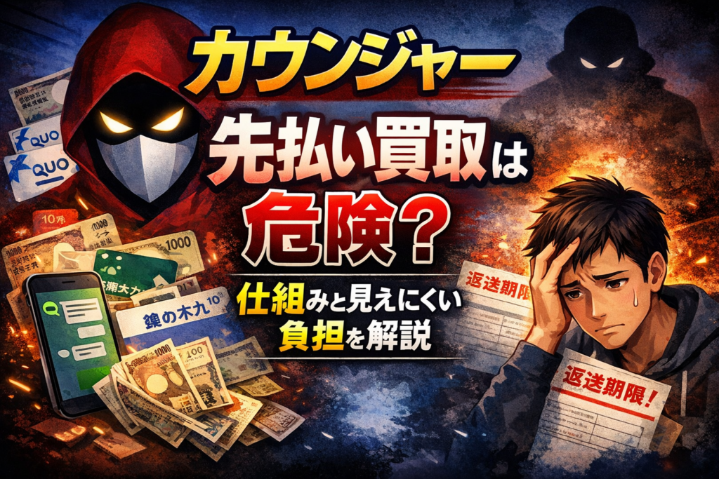 カウンジャーと類似業者、カウンジャーの先払い買取の仕組みについて解説した記事のアイキャッチ画像