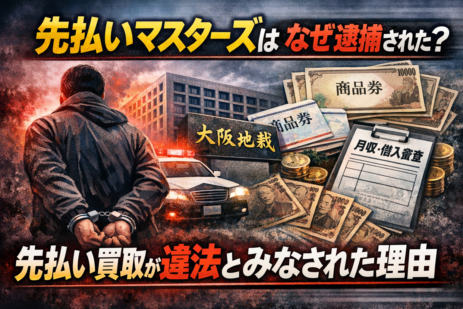 先払いマスターズが逮捕された理由と先払い買取の仕組みについて、大阪地裁の判例を紹介しつつ解説した記事のアイキャッチ画像