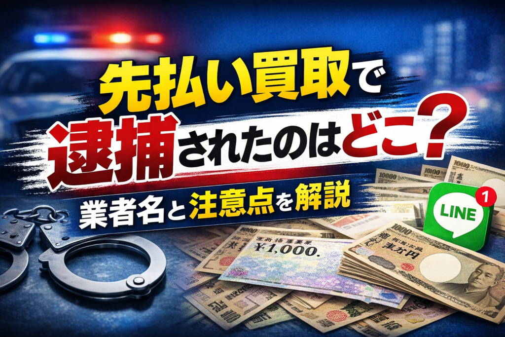 先払い買取で逮捕された業者となぜ逮捕されたのかについて解説した記事のアイキャッチ画像
