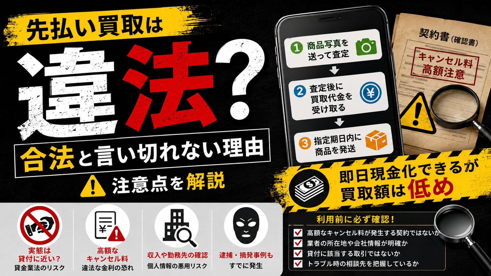 先払い買取は違法？合法と言い切れない理由やキャンセル料などの注意点を解説