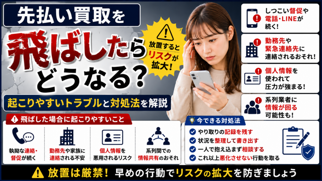 先払い買取を飛ばした時に起こりやすいトラブルや対処法、勤務先連絡や個人情報リスクを解説