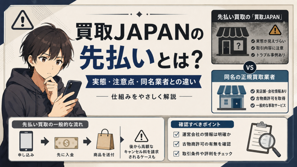 買取JAPANの先払い買取の仕組みや必要書類、同名の正規買取業者との違いと注意点を解説