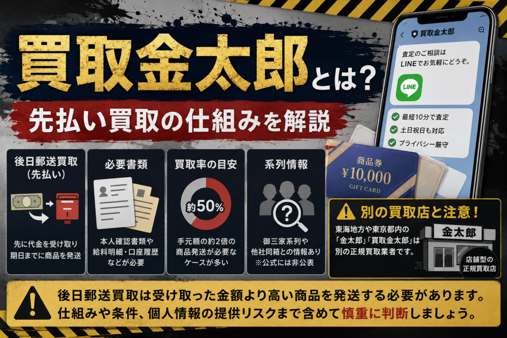 買取金太郎の先払い買取の仕組みや必要書類、系列情報と同名の正規買取店との違いを解説